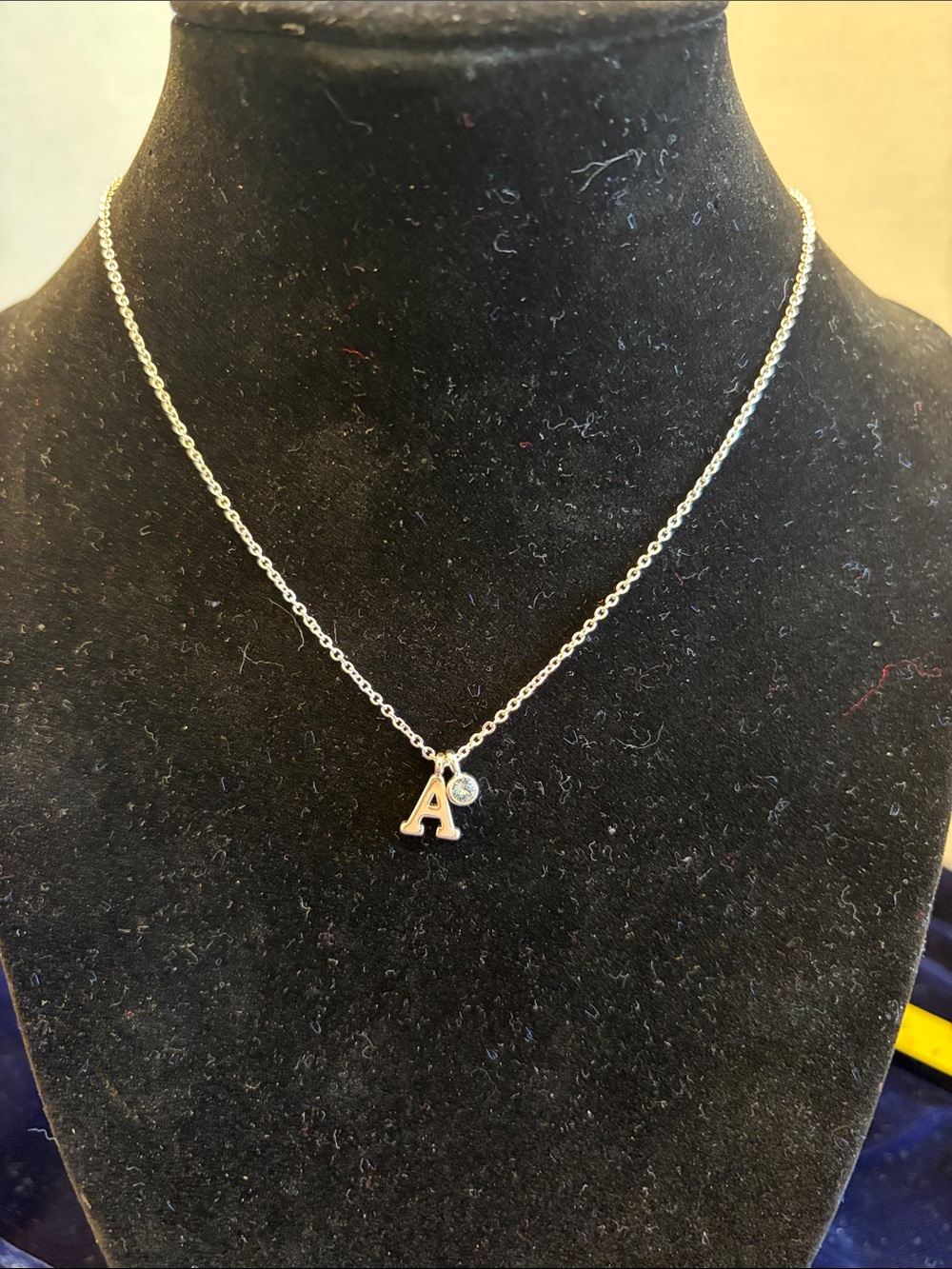 Silvertone  'A' Initial Necklace with light blue Swarovski Stone